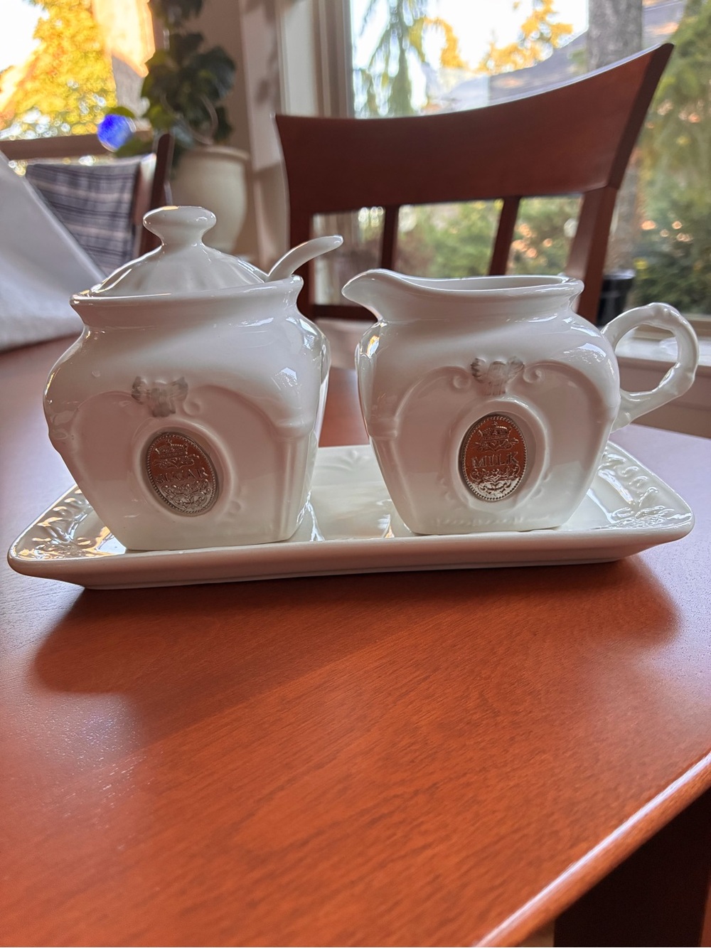 Bombay Company White Porcelain Creamer and Sugar Set with Tray